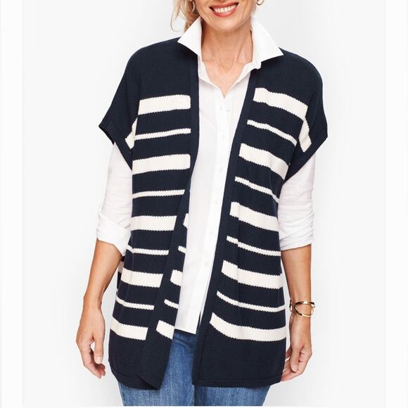 Talbots blue and white stripe open vest knit side button preppy mature - Picture 1 of 8